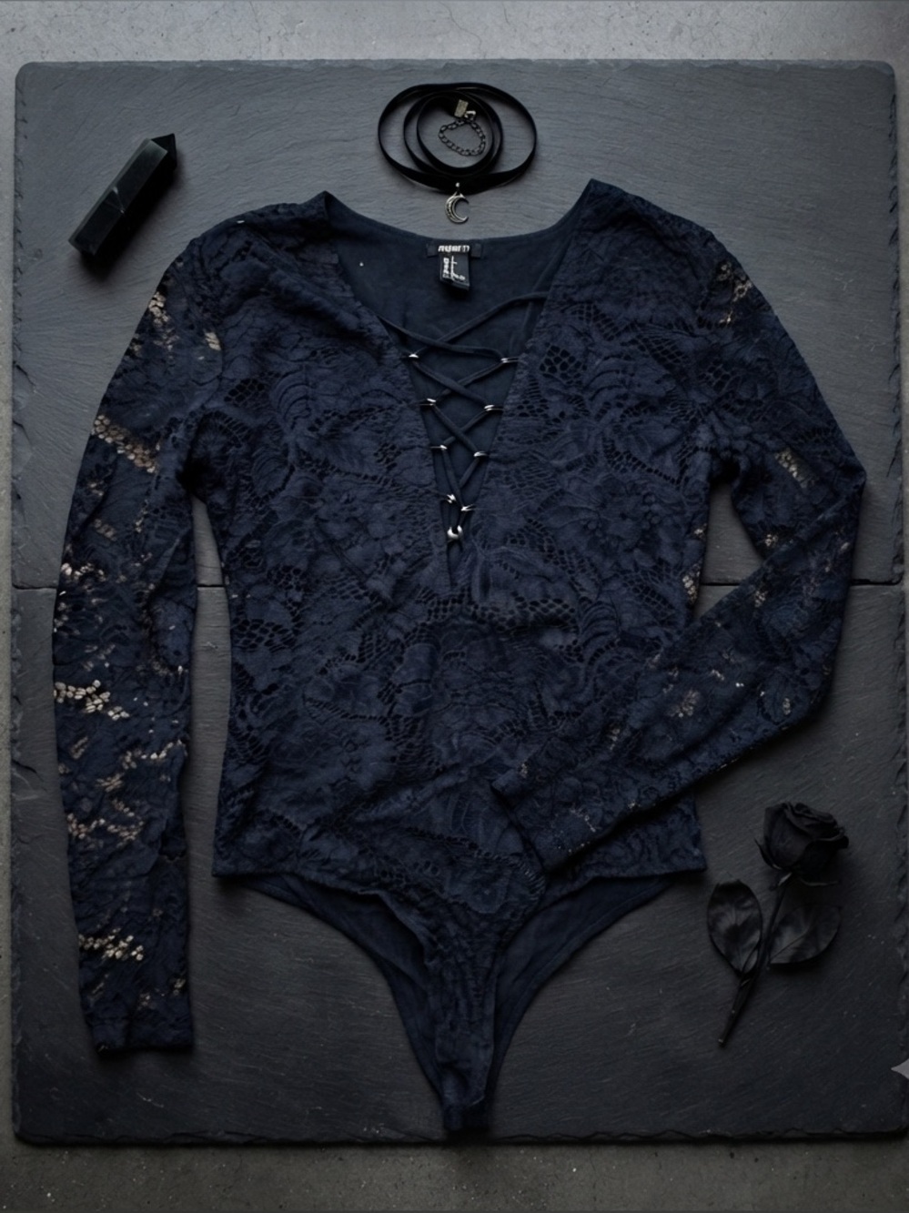 Forever 21 Black Lace Long Sleeve Bodysuit Size Small Gothcore Minimalist